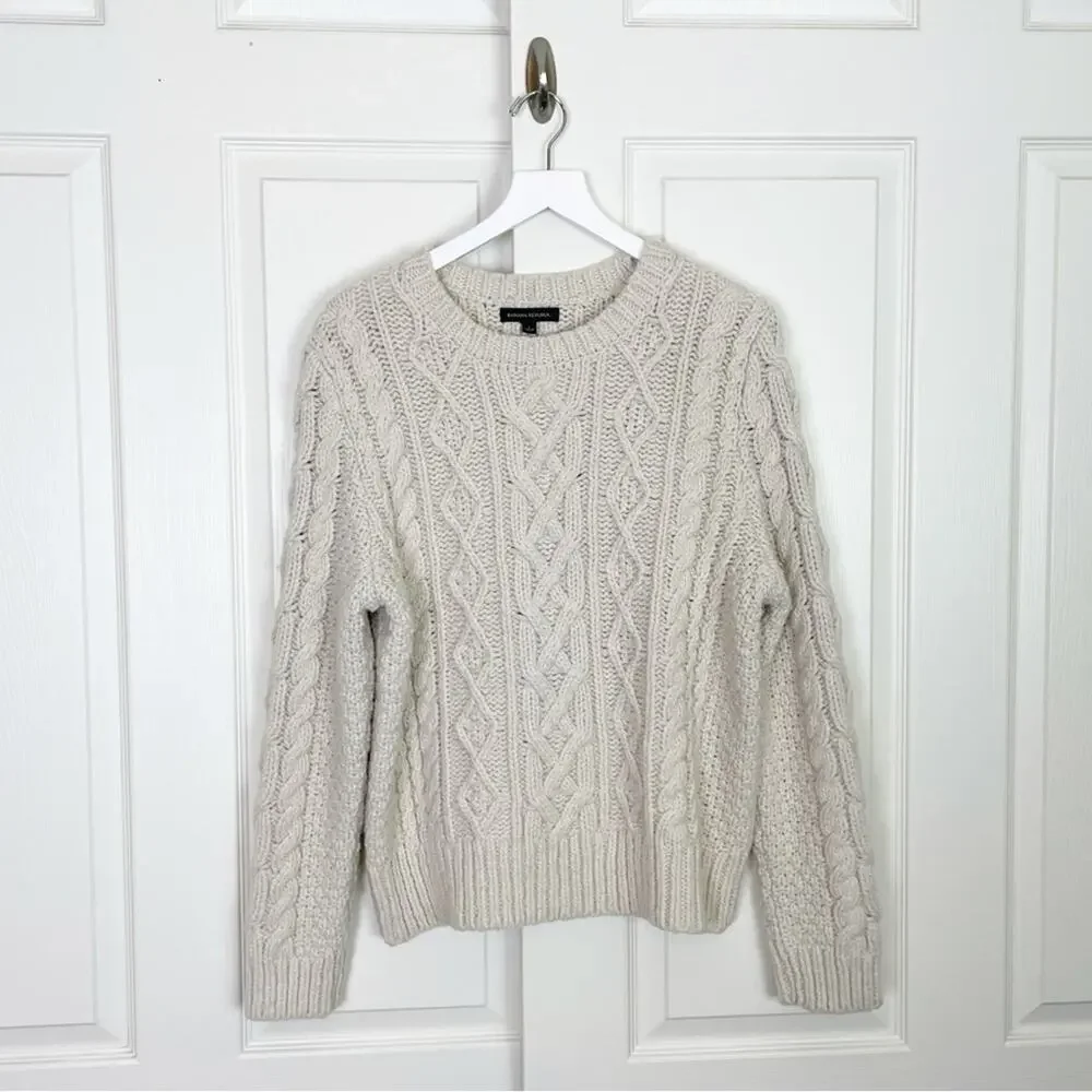 Banana Republic Cable Knit Fisherman Sweater Recycled Wool Crewneck Sz L
